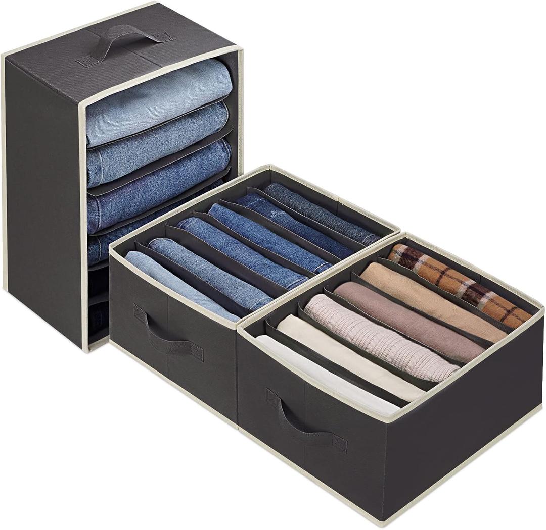 3 Pcs Large Size Wardrobe Clothes Organizers 6 Grids for Pants, Jeans, Sweater, T-shirt, Dress Stackable Closet Drawer Organizer Storage Bin Container with Sturdy Handles, Black