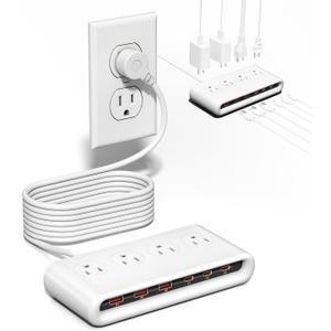 10 in 1 Flat Plug Power Strip with USB C, PD20W Fast Charging Station with 4 Outlets and 6 USB Port3 Type C+3 USB A, 5ft Extension Cord, Non Surge Protector for Travel (White)