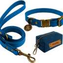 Wisedog Dog Collar and Leash Set Combo, Waterproof Ajustable Pet Collars with Cute Tags 6FT Dog Leash with Poop Bag for Small Medium Large Dogs (M, Blue)