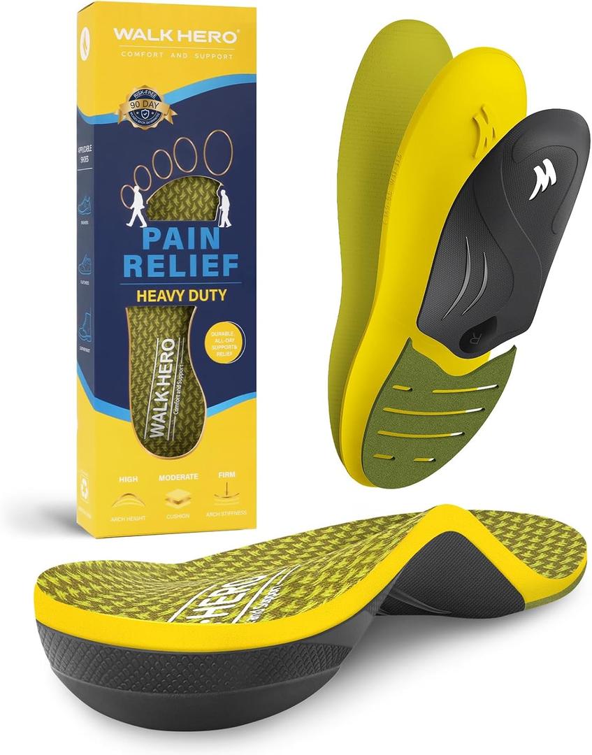 WalkHero Heavy Duty Arch Support Inserts,220+ lbs Plantar Fasciitis Insoles for Men Women, Pain Relief Orthotic Insert for Flat Feet, Standing All Day or Daily Walking Mens 11-11.5 | Womens 13-13.5