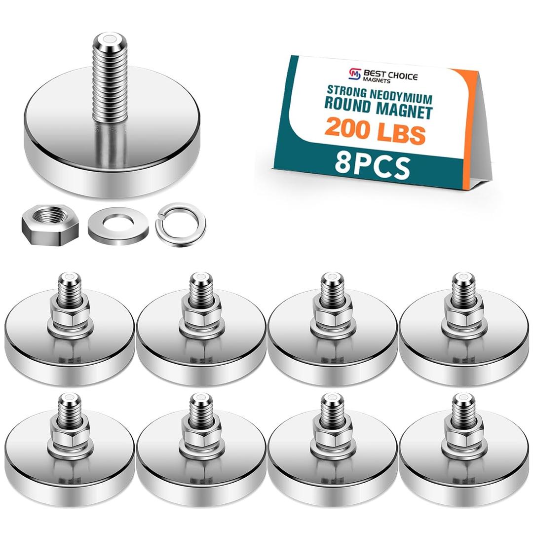 Super Strong Neodymium Round Magnet with M8 Male Thread Nuts Bolts 200 lb Corrosion-Resistant Mounting Magnet for Lighting Camera and Other Brackets Outdoor Tools 44mm D - 8 Packs