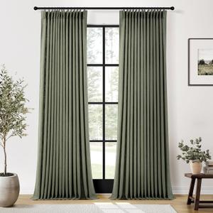 Sage Green Pinch Pleated Linen Curtains 102 Inches Long for Living Room Bedroom with Rings Hooks Clips Back Tab Semi Sheer Curtains Light Filtering Boho Farmhouse Drapes Light Green