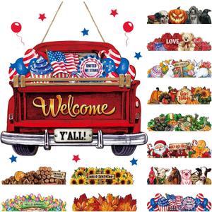 Ferraycle Interchangeable Welcome Sign for Front Door 4th of July Hanging Sign with 12 Holiday Icons Farmhouse Seasonal Welcome Signs Rustic Interchangeable Holiday Decor for Summer(Fresh Color)