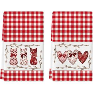 Artoid Mode Red Buffalo Plaid Love Heart Cat Valentine's Kitchen Towels Dish Towels, 18x26 Inch Anniversary Wedding Decoration Cleaning Set of 2