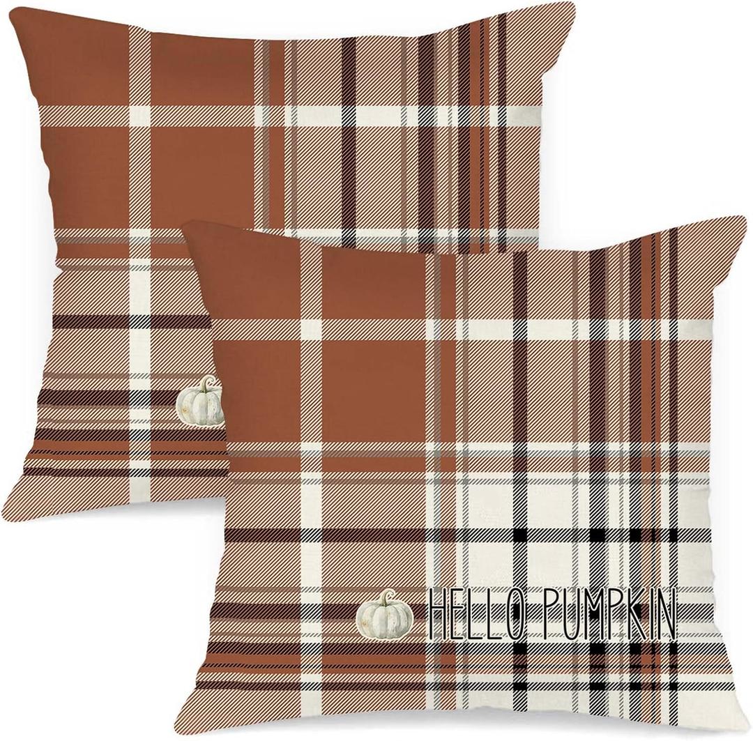 Fall 20x20 Throw Pillow Covers Set of 2, Watercolor Brown, Grey and White Checkered Decorative Holiday Pillow Case 20 x 20 Autumn Cushion Covers Pillowcase for Indoor Home Bedroom Sofa Decor