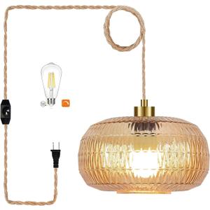 QIYIZM Plug in Pendant Light Hanging Lights with in Cord Mid Century Modern Gold Hanging Lamp Flower Glass Amber Vintage Dimmable Chandelier Ceiling Fixture for Living Room,Kitchen,Boho