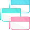 Sanwuta 3 Pcs Clear Flat Zipper Pouches for Travel Women, Nylon Waterproof PVC Makeup Snack Bags Set Organizer Portable Storage DIY Chenille Letter Beach Stuff Toiletry Gym(Pink, Green, Blue)