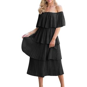 ETCYY Women's Off The Shoulder Ruffles Summer Wedding Guest Loose Casual Chiffon Long Party Beach Maxi Dress (Black)