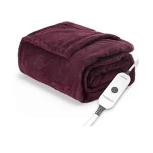 Sunbeam Electric Throw Royal Luxe Microplush Heated Blanket, 4 Heat Settings, 4-Hour Auto Shut-Off, Fast Heating, Warm and Cozy, Cabernet Red Color, 50" x 70"