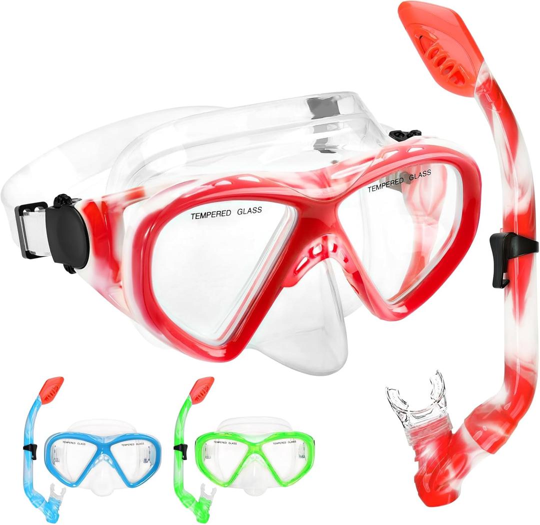 Kids Snorkel Set Dry Top Snorkeling Gear for Kids Youth Boys Girls Junior Age 5-15, Tempered Glass Swimming Diving Mask and Snorkel Set 180 Degree Panoramic View