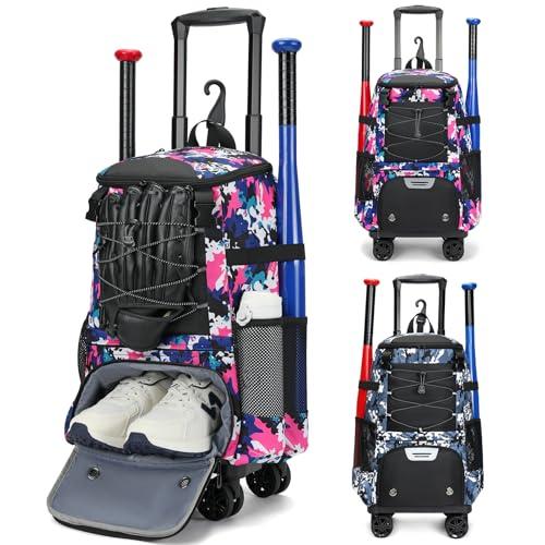 WIWODADI Rolling Baseball Bag, Wheeled Softball Bag with Fence Hook, Baseball Bag for Adult, Bat Bag with Shoe Compartment for Teeball Gear Pink Camouflage