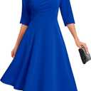 Bbonlinedress Midi Cocktail Dress Formal Wedding Guest 3/4 Sleeve Church V-Neck Work A-Line Swing Tea Party Dress (Blue, L)