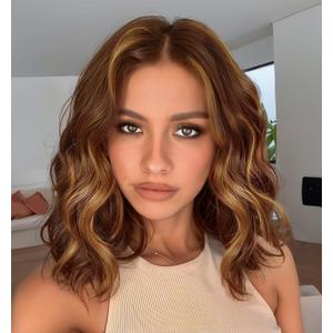134 Brown Highlight Wig for Women14Inch Brown Blonde Lace Hailine Wigs Middle Part Synthetic Lace Front Bob Wigs Synthetic Wig for Daily Party Use