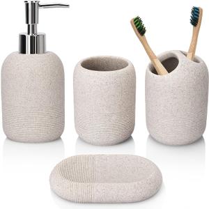 L'ARL GMVOI Bathroom Accessory Set,4 Piece Decor Accessories Sets Complete with Soap Dispenser,Toothbrush Holder,Bathroom Tumbler,Soap Dish for Vanity Countertop Accessories,Beige