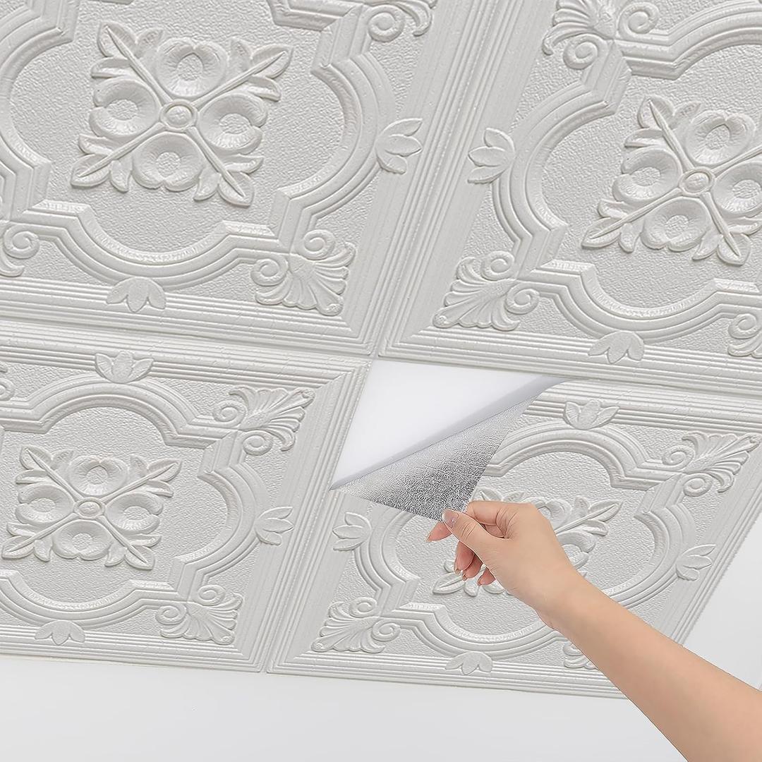 Ceiling Tiles Peel and Stick Foam, 3D Wall Panels 16 Pcs Covered 21 Sq.Ft | Peel and Stick Floral Look, Easy to Install and Cut for Ceiling and Interior Wall Decor, Plain White（13.8 x 13.8 inch）