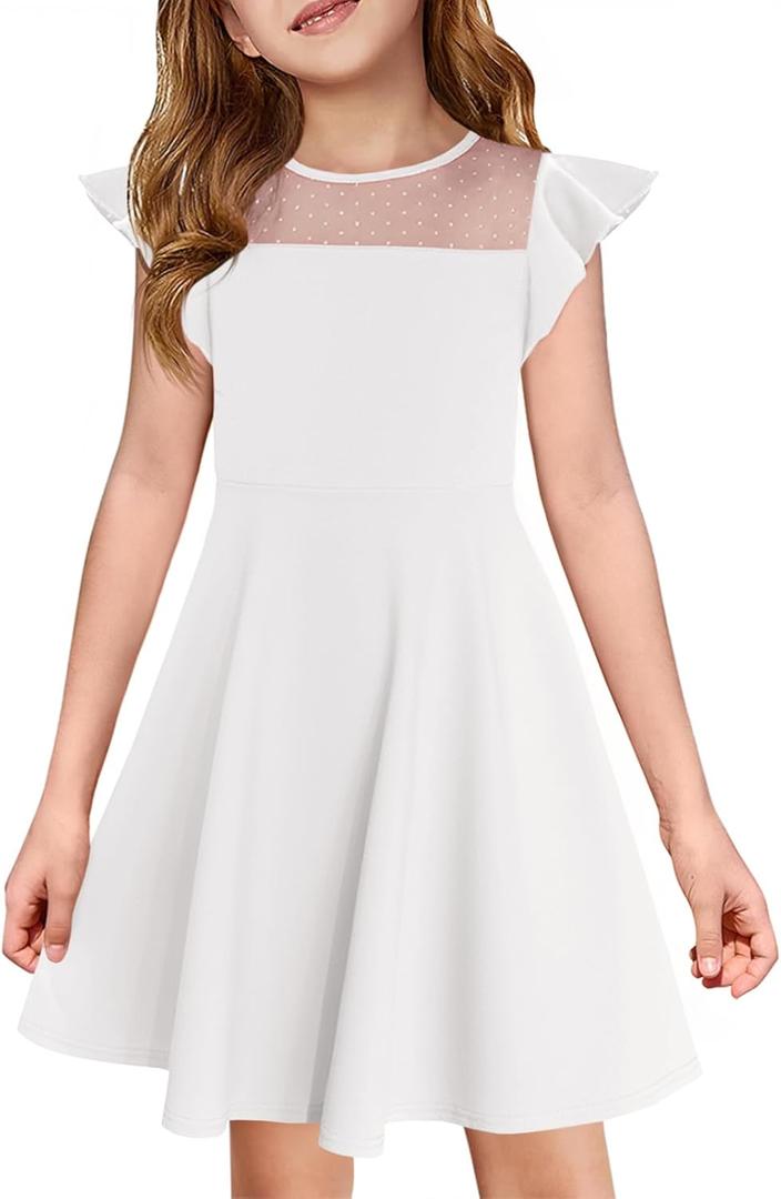 Haloumoning Girls Dress Summer Ruffle Sleeve Mesh A Line Casual Party Dresses with Pockets for Kids 4-14 Years (9-10 Years, White)