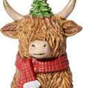 RM ROOMERS Christmas Highland Cow Decor Resin Highland Cow Figurines with Santa Hat Scarf & Tree for Tabletop Shelf Mantel Home Christmas Decoration (Set of 2, 5.39" & 4.48H) (Brown & Red & Green)
