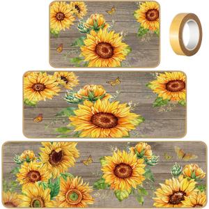 Fourluoo Sets of 3 Sunflower Kitchen Rugs and Mats Non Slip Kitchen Rugs Washable Sunflower Door Mats for Floor Home Bathroom Cabin Farmhouse Decor