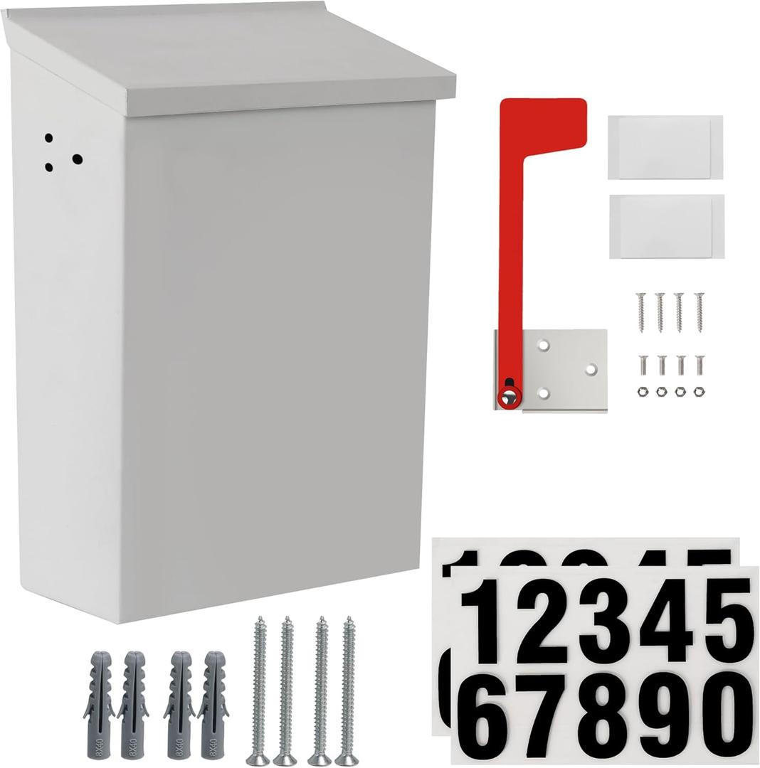 TonGass 7.1"x10.1"x3.8" Wall-Mount Mailbox for House with Flag and Number Stickers, Mailboxes for Outside Wall Mount with Screws Ideal for House Outdoor Use, Rust-Proof Carbon Steel Mailbox - White