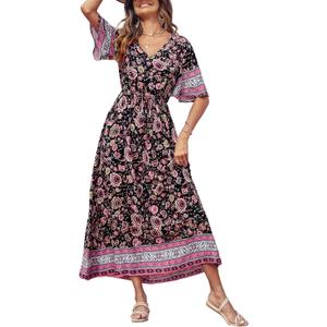 PRETTYGARDEN Women's Casual Summer Boho Floral Print Dress V Neck Short Sleeve High Waist Long Maxi Beach Dresses (S)
