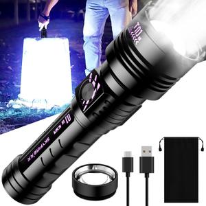 SKYFIRE Rechargeable Flashlights High Lumens: Super Bright LED Tactical Flashlight 3000lm Zoomable 5 Modes Waterproof 2*5000mAh Powerful Flash Light for Camping, Emergency, Gift (with Ignition Lens)