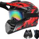 Youth Kids Dirt Bike Helmet Motocross ATV Dirtbike BMX MX Go-Kart 4-Wheeler Quad Offroad Motorcycle Helmet Goggles Gloves Mask DOT Certified, Red Camo, Large