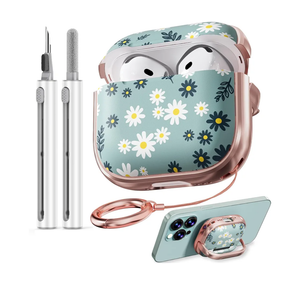 Inesore with Safety Lock for Galaxy buds 3/3Pro Case,Clear Floral Cute, Case for Women Girly with Cleaner Kit and Keychain- Green Daisy Flowers