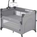 2-in-1 Baby Playard, Pack and Play Bassinet, Easy Folding Portable Crib with Music Mobile for Newborn to Toddlers (Grey)