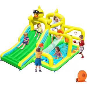 Baralir Duck-Themed Inflatable Bounce House with Extra Wide Slide & Climbing Wall, Basketball Hoop, Ring Toss, Punching Bag, 2-in-1 Splash Pool/Ball Pit - Indoor/Outdoor Jumping Castle for Toddlers, Super large trampoline area