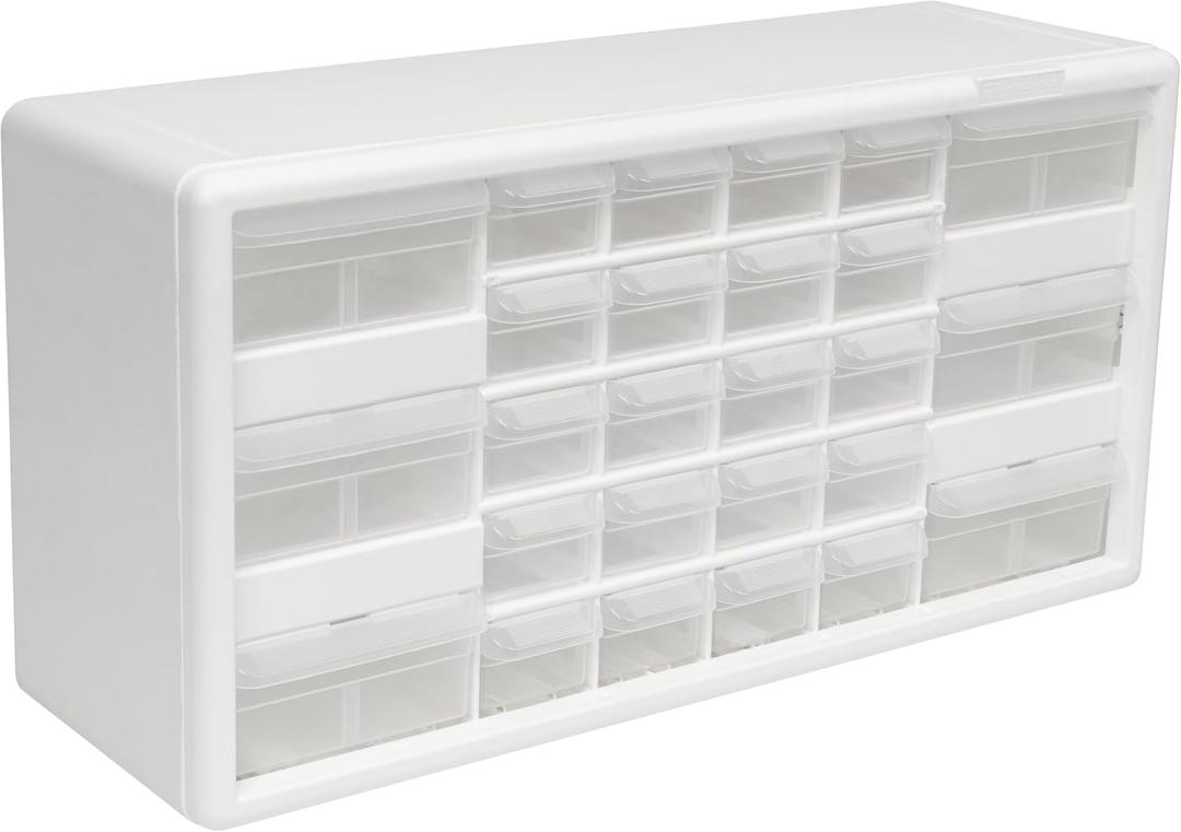 Akro-Mils 26-Drawer Plastic Drawer Storage Cabinet for Garage Organization, Bead Organizer, Building Bricks Storage, Teacher Toolbox, Makeup Organizer, 20" W x 6" D x 10" H, 10124 White