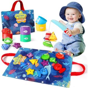 Montessori Toys for 1 Year Old Boy Girl Birthday Gift, 17 in 1 Cloth Fishing Game with Stacking Cups, Color Sorting, Shape Matching, Early Learning, Toddler Toys Gifts for 1 2 Years Old Boy Girl (Blue)