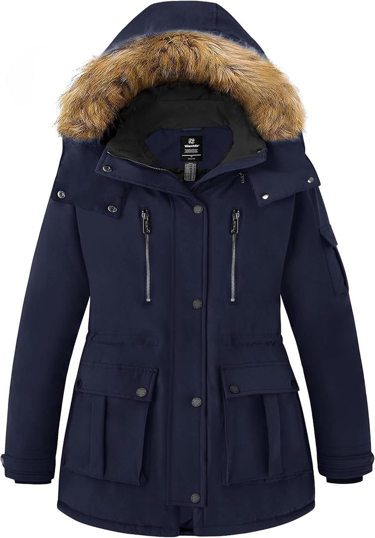 wantdo Plus Size Winter Coats for Women Parka Overcoat Warm Winter Jacket with Hood (5X, Navy)