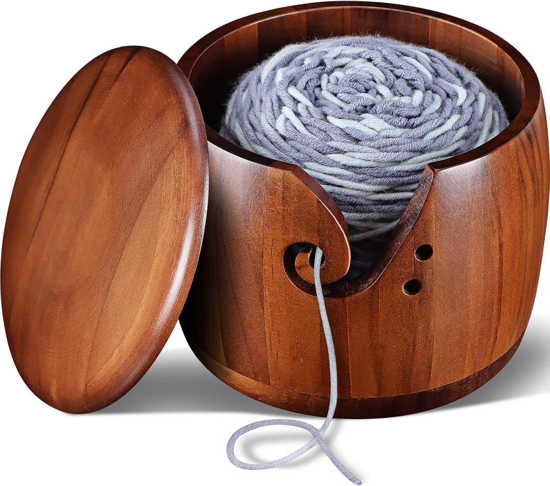 Foxyoo Yarn Bowl for Crocheting - 7x5in Large Wood Knitting Bowl with Lid, Crochet Accessories and Knitting Gadgets Supplies (Round)