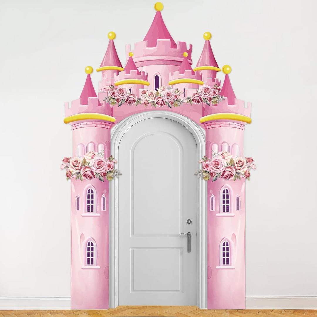 Princess Castle Photo Door Banner Pink Princess Party Decorations Princesses Themed Polyester Fabric Birthday Photo Booth Props Pink Castle Door Banner Hanging for Girls Birthday Party Supplies