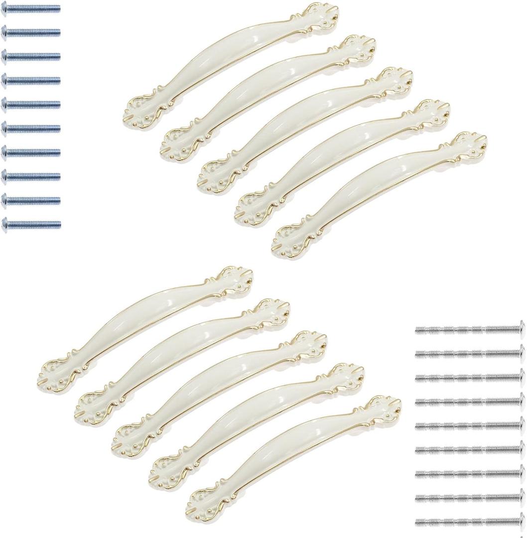 10pcs Hardware Handle Pull for Cabinet Drawer, Ivory White with Gold Edge, 2-1/2" (64mm) Hole Centers