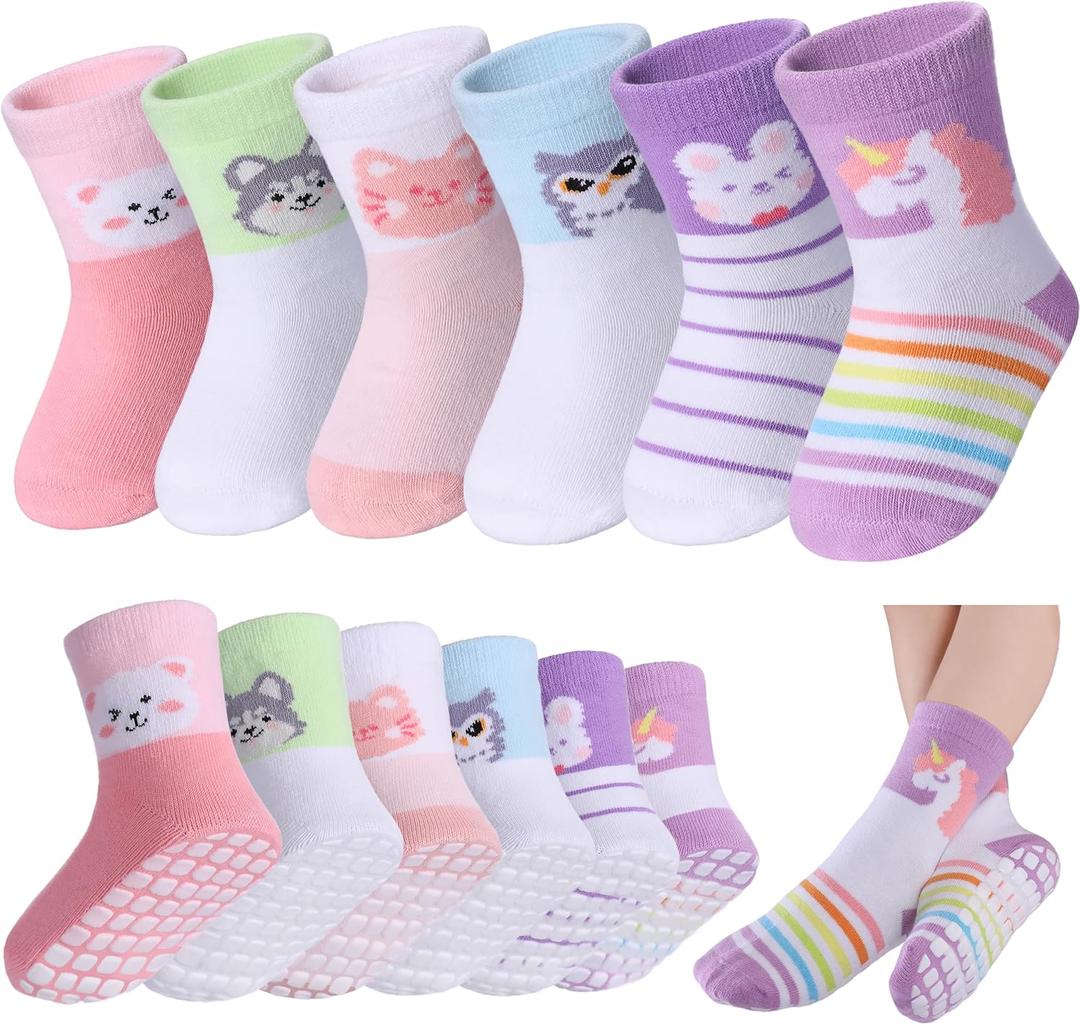 LANLEO Baby Non Slip Socks with Grippers Toddler Girls Boys Kids Grip Cotton Socks 6 Months-5 Year Old (1-3T, 6 Pairs Animal)