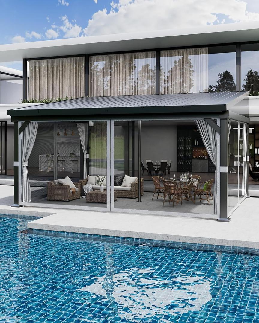 12'x16' Wall-Mounted Hardtop Gazebo with Aluminum Frame & Galvanized Steel Roof  Lean-to Patio Pergola with Gutters, Mosquito Netting & Privacy Curtains  Weatherproof for Backyard, Deck, or Carport