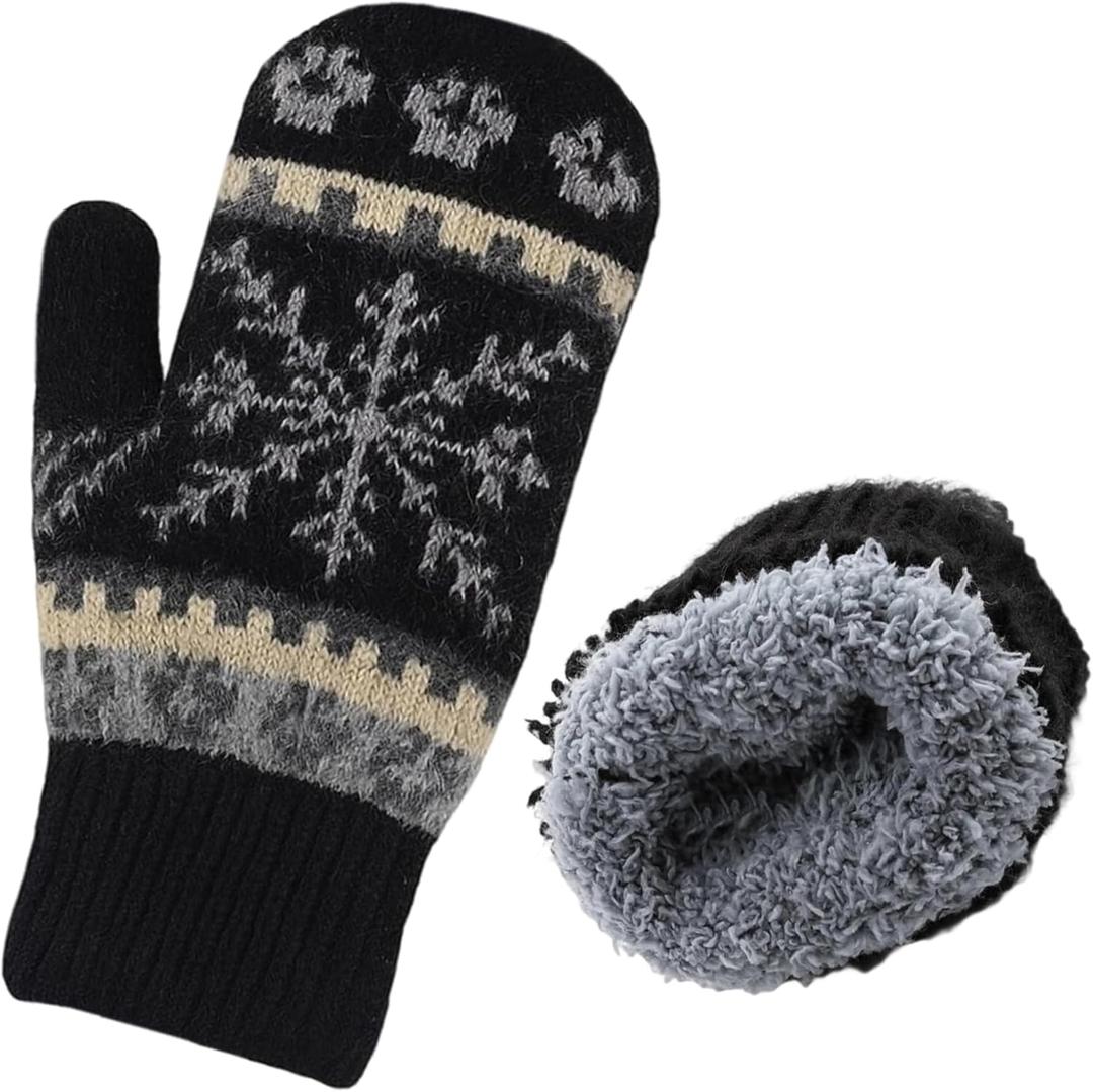 Winter Warm Mittens for Women Men - Soft-Double Layer-Snowflake Cold Weather Stretch Thick Lining Knitted Gloves (Medium, Black)