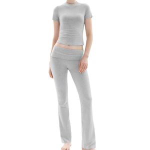 PUMIEY Women's 2 Piece Lounge Sets Short Sleeve Tops Fold-Over Flare Pants Casual Outfits Matching Set Nap Collection,L