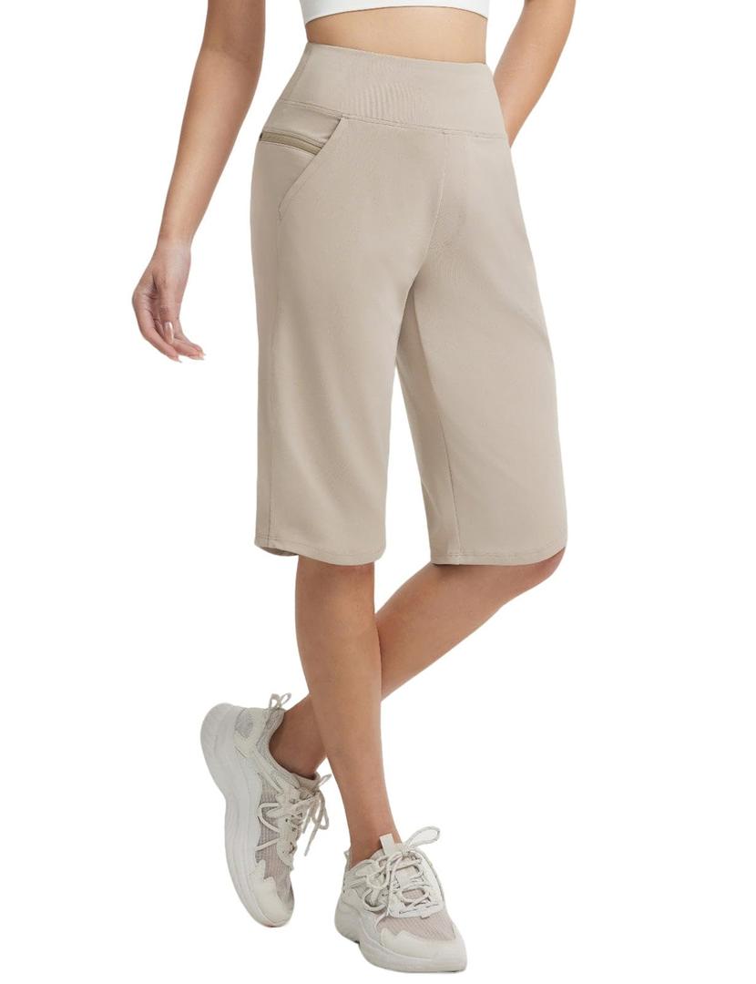 baleaf Women's Bermuda Long Shorts 14" Knee Length Capris with Pockets Athletic Shorts Walking Athletic Casual Summer Khaki XXL
