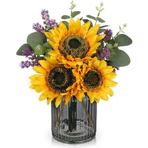 Oairse Fake Flowers in Vase, Sunflowers Artificial Flowers with Vase Sunflowers Centerpieces for Table Silk Flower Arrangement for Farmhouse Home Kitchen Bathroom Wedding Party Dining Room Decor (Yellow01)