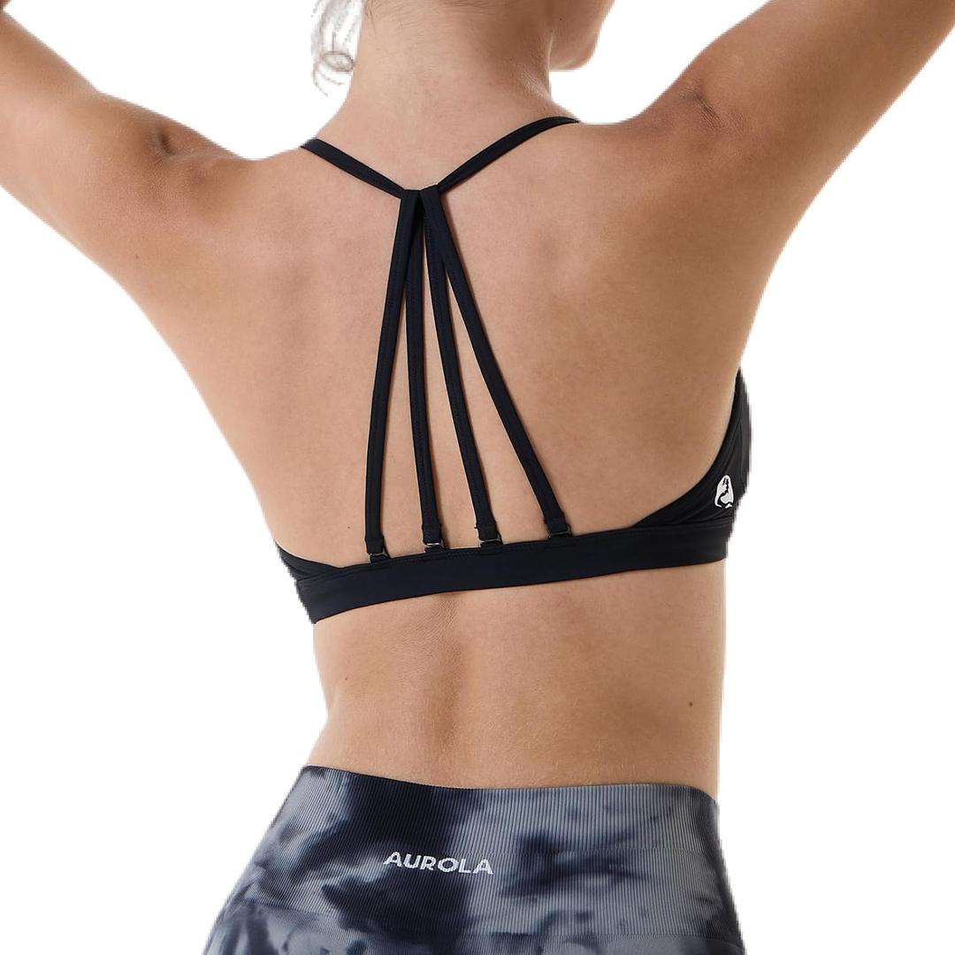 AUROLA Mercury Workout Sports Bras Women Athletic Removable Padded Backless Strapy Minimal Crop Top 3 Pack (X-Small, White, Black, Brown)