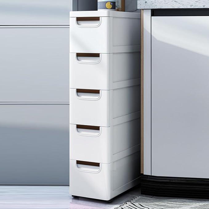 5 Drawers Narrow Slim Plastic Storage Cabinet,Storage Drawer with 4 Wheels,5 Tier Drawers Dresser,White, 15.75"D x 7.87"W x 33.07"H