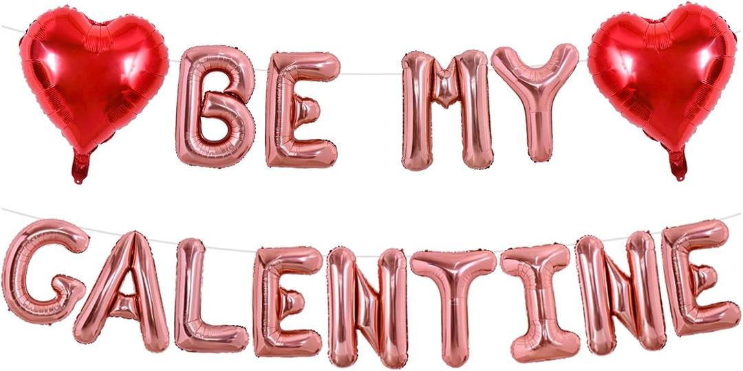 TONIFUL 16 Inch Rose Gold BE MY GALENTINE Letter with 2pcs 17Inch Heart Balloons Foil Alphabet Women Friends Banner for Valentine's Day Galentine's Day Women's Day party Ladies Girls Party Supplies