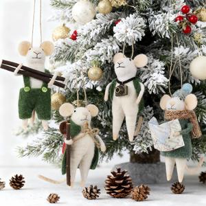 Set of 4 Christmas Felt Mice Ornaments, 5" Mini Hanging Wool Tourist Mouse Figurines, Tiered Tray Tabletop Decor, Animal Crafts Cute Xmas Tree Festival Holiday Easter Gifts Home Office Party Supply