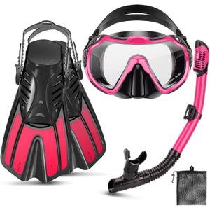 Snorkeling Gear for Kids Adults, 4 in 1 Travel Mask Fins Snorkel Set with Panoramic View Anti Fog Mask, Dry Top Snorkel, Trek Fins and Travel Bag, Snorkel Gear for Swimming Diving Snorkeling (Pink)