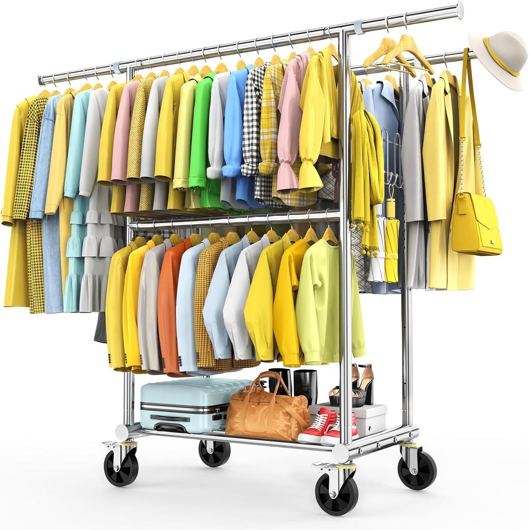 100% Stainless Steel Heavy Duty Clothes Rack Load 960LBS, Three Rods Clothing Racks for Hanging Clothes ExtendableRolling Garment Rack With Sturdy Wheels Shelves Hooks, Portable Closet Wardrobe Rack (Silver)