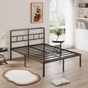 DiaOutro 16 Inch Full Size Bed Frame with Headboard No Box Spring Needed, Heavy Duty Metal Platform with Steel Slat, Mattress Foundation, Easy Assembly, No Noise, Black