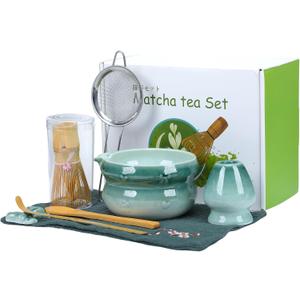 8 Pcs Matcha Whisk Set, Ceramic Matcha Japanese Tea Set Includes 16oz Bowl, Whisk and Holder, Bamboo Scoop and Spoon, Scoop Rest, Sifter and Towel, Green Glaze Making Kit for Tea Lovers