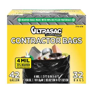 Ultrasac Extra Heavy Duty Contractor Bags - 42 gallons 4 Mil (32 Pack w/Ties) - 33" x 48" Extremely Thick and Tough Professional Trash Bag for Construction, Commerical, Industrial, Yard, Outdoor use